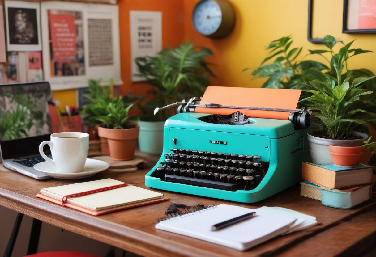 A vibrant and inviting workspace filled with colorful notebooks, a vintage typewriter, and a laptop displaying a blog. Include motivational quotes on the walls, plants adding freshness, and a steaming cup of coffee nearby. Capture the essence of creativity and inspiration for aspiring bloggers. vibrant colors. cozy atmosphere. super-realistic.