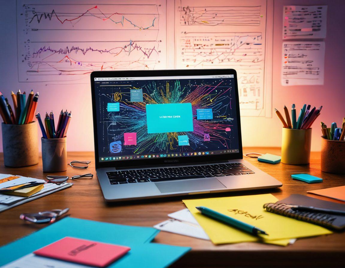 A vibrant workspace scene featuring a laptop with a digital diary open, surrounded by colorful notes and creative tools like pens and sketches. In the background, a digital network visualization with flowing lines and nodes representing connection and engagement in content creation. Bustling energy with warm lighting that inspires creativity. super-realistic. vibrant colors. 3D.